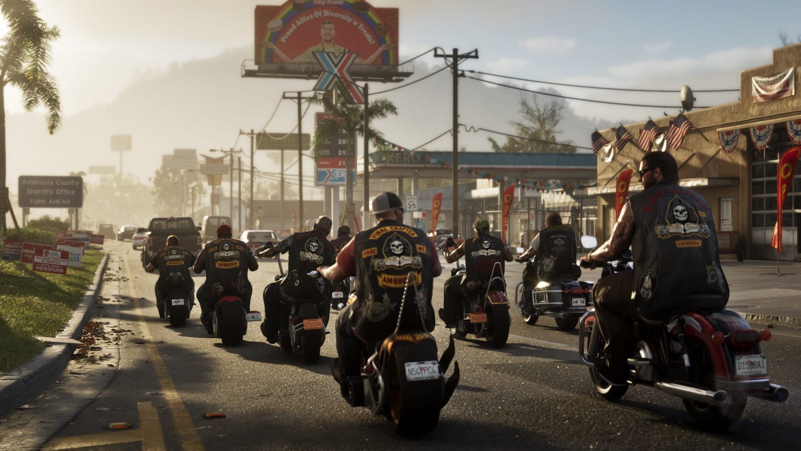 Grupo de motoristas circulando por una carretera de Ambrosia en GTA 6