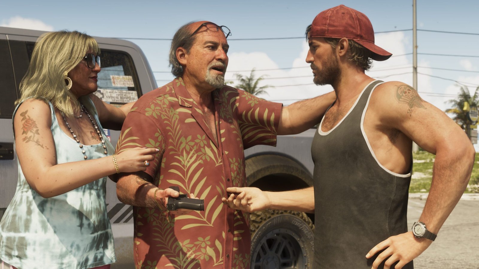Tres personajes conversando de forma tensa junto a una furgoneta en GTA 6, uno de ellos con una pistola en la mano, imagen oficial de Rockstar Games