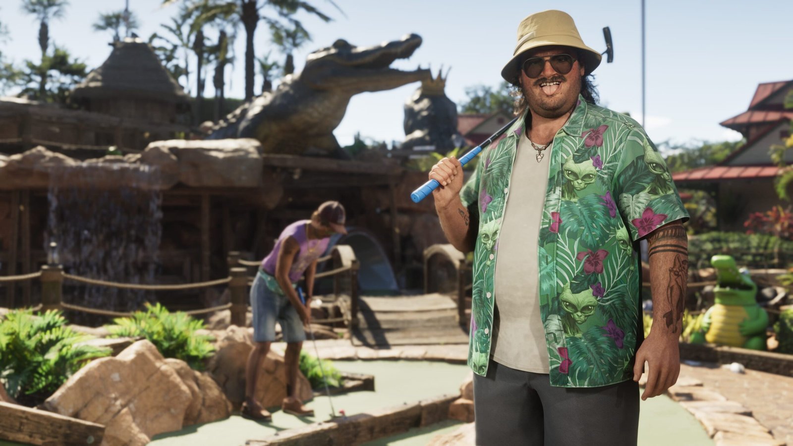 Personaje de GTA 6 jugando al minigolf, actividades y ocio en Leonida