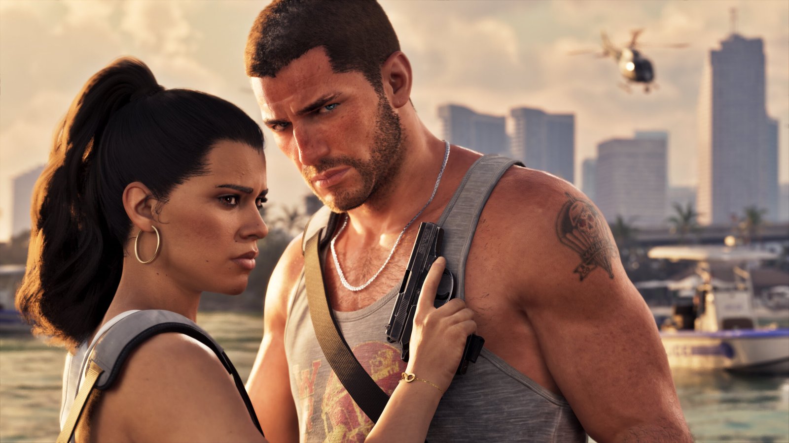 Jason y Lucía, los protagonistas de GTA 6, en un primer plano con Vice City de fondo