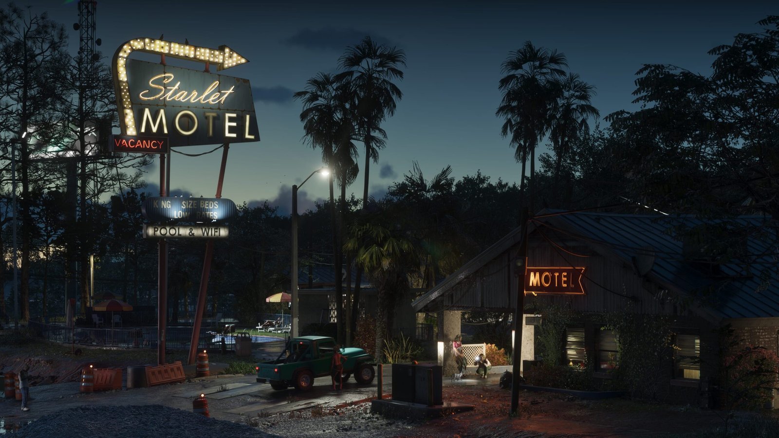 Motel de neón "Starlet Motel" de noche en Port Gellhorn, GTA 6