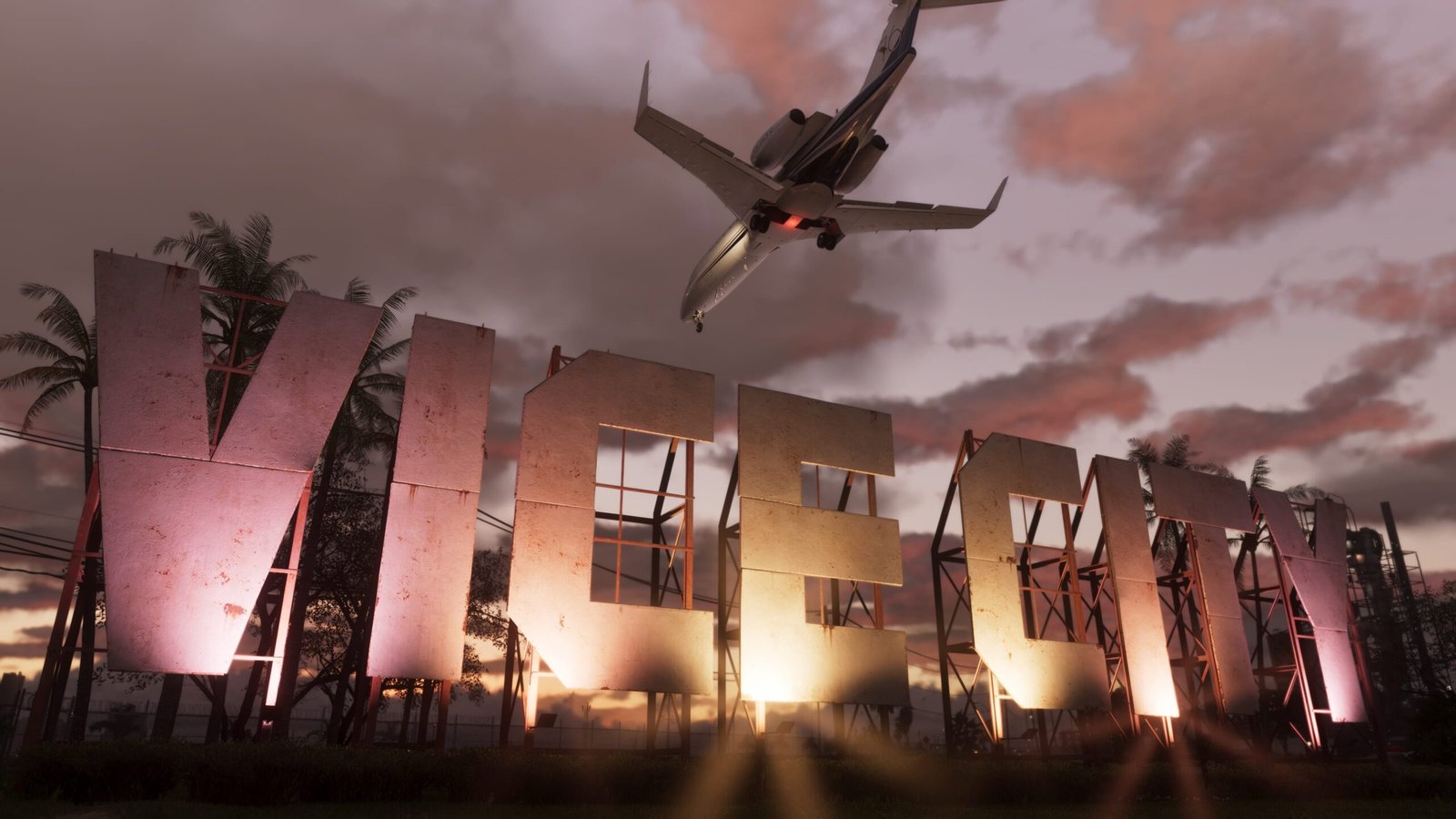 Cartel icónico de Vice City al atardecer con un avión sobrevolando, GTA 6
