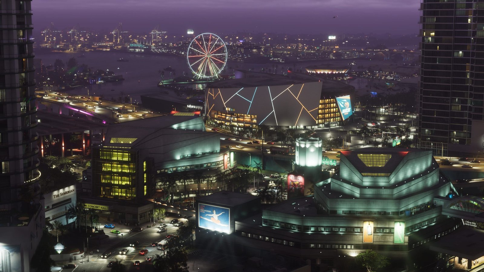 Vista aérea nocturna del centro de Vice City con tráfico y luces de neón, comportamiento de NPCs e IA en GTA 6