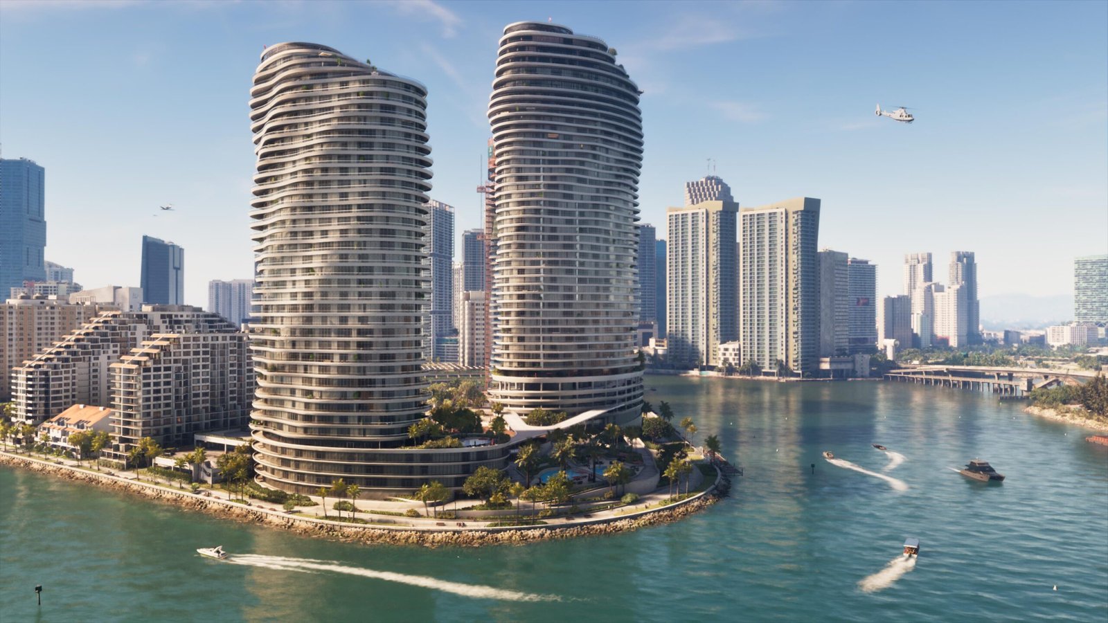 Vista aérea del skyline de Vice City con rascacielos y el mar, mapa de GTA 6